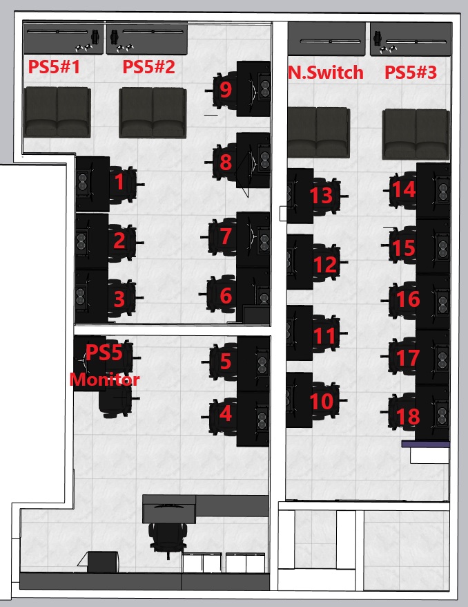 Planta da Rush Lan House com a posição dos PCs e consoles